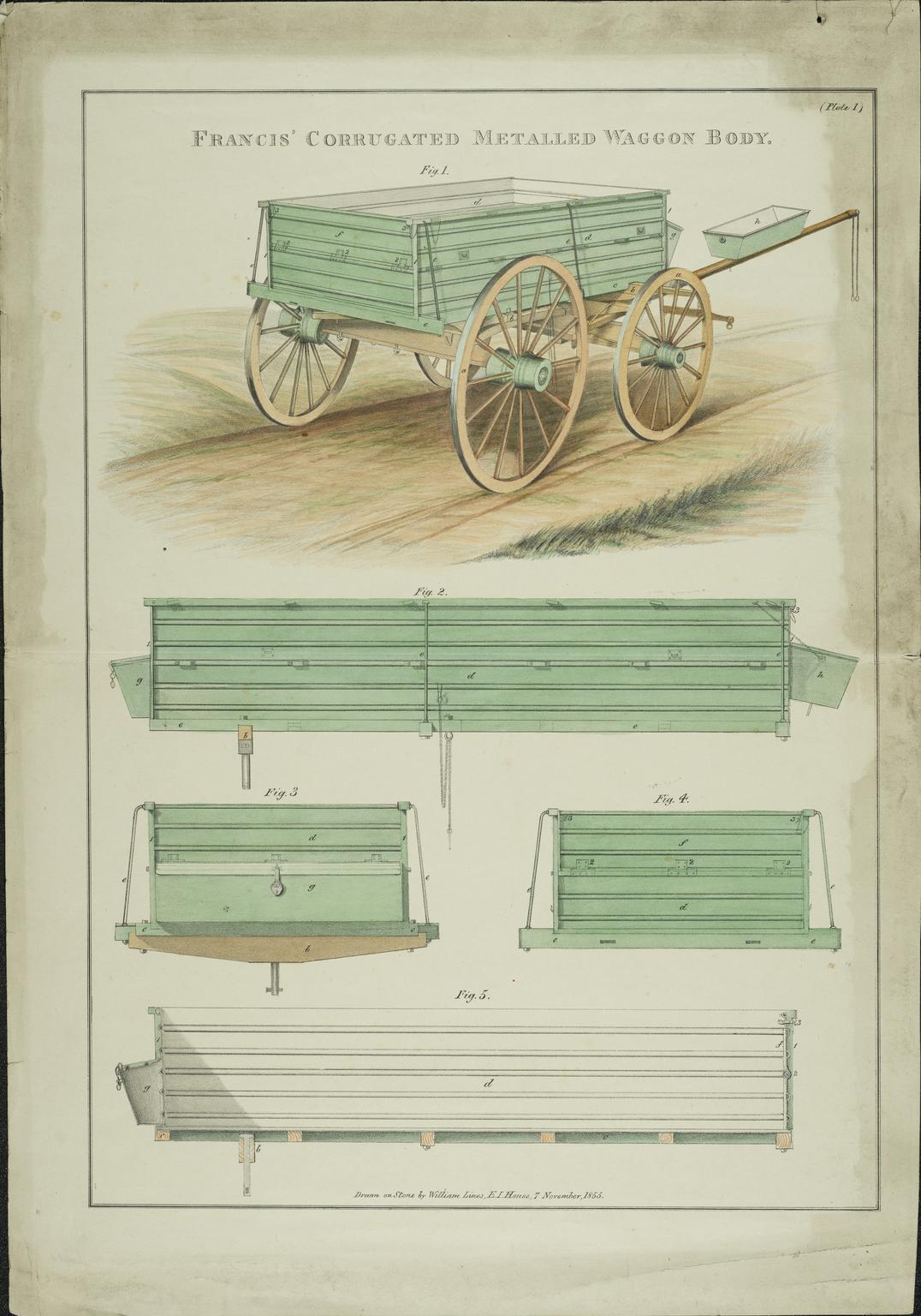 print, one of two coloured lithographs. Francis' Corrugated Metalled Waggon Body. By William Lines