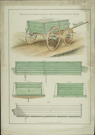 print, one of two coloured lithographs. Francis' Corrugated Metalled Waggon Body. By William Lines