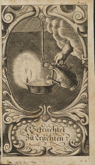 Engraving, `Befeuchtet zu Leuchten'. An oil lamp. Nuremberg