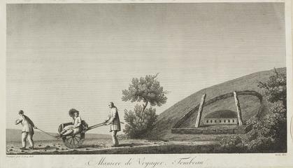 Engraving by Deseve after Deguignes: Maniere de voyager Tombeau.   Plate from a book on China