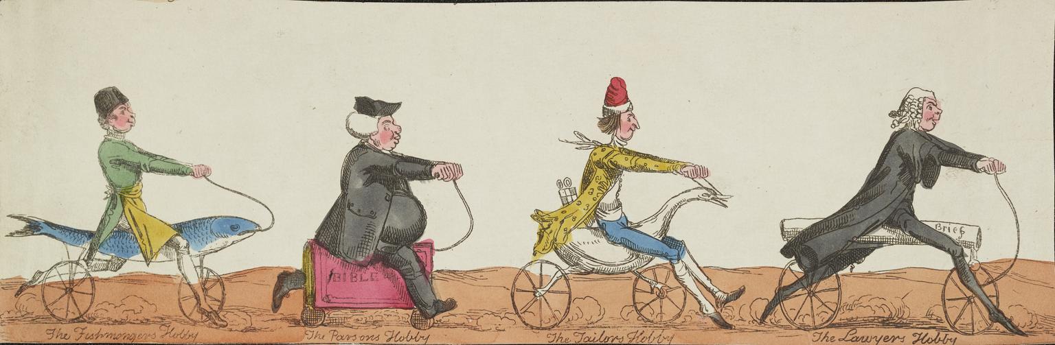 Handcoloured caricature showing various professions on hobby horses