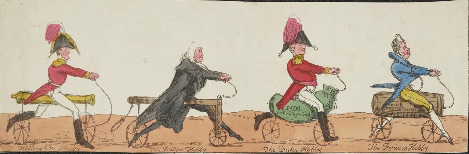 Handcoloured caricature showing various professions on hobby horses