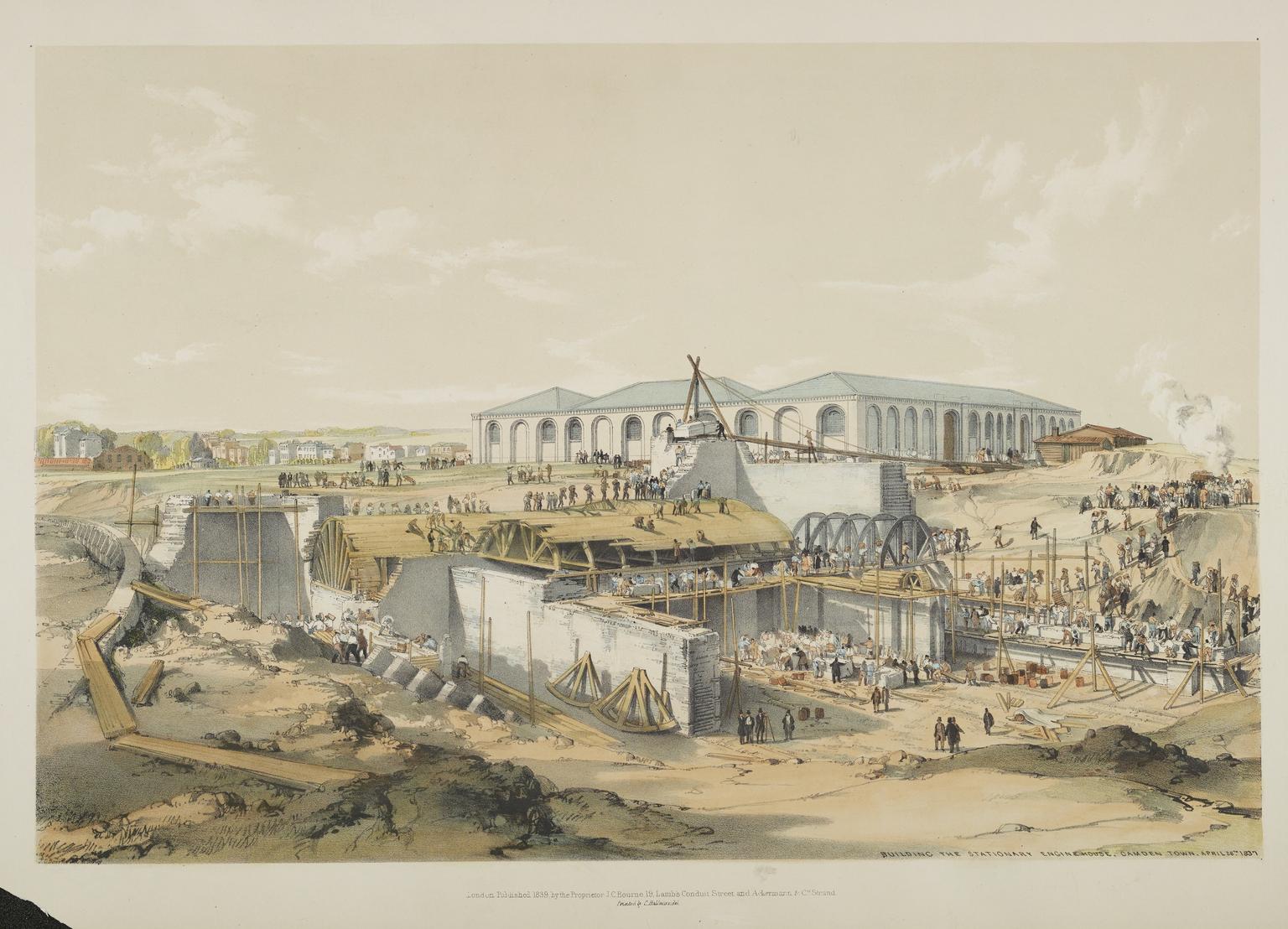 print, coloured: Building the Stationary Engine House at Camden Town. / J C Bourne