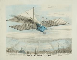 Coloured print of Henson's Aerial Steam Carriage.