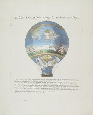 Print, coloured. Machine aerostatique de Montgolfier eleve hors de la ville de Lyon