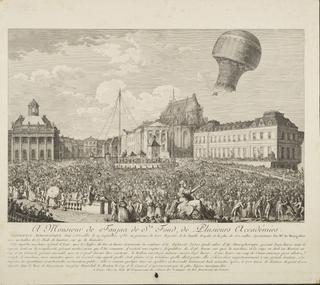 Print showing the ascent of a Montgolfière balloon at Versailles, 19 September 1783