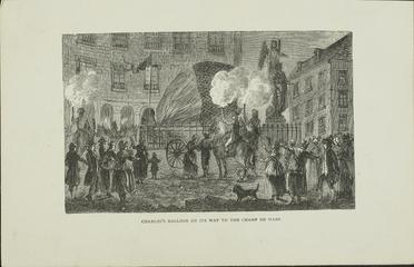 Print, steel engraving: Charles's Balloon on its way to the Champ de Mars