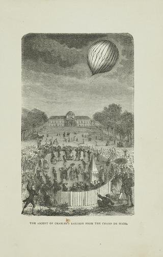 Print, steel engraving: The Ascent of Charles's Balloon from the Champ de Mars