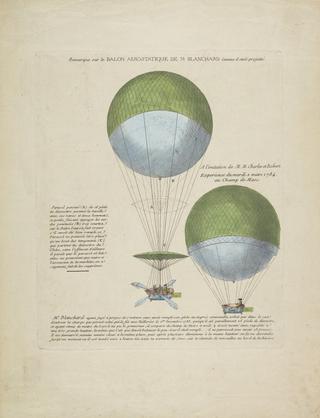 Print, coloured. Remarque sur le Balon aerostatique de M. Blanchard comme il etoit projette