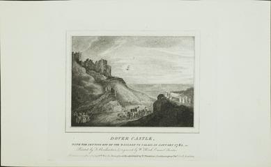 Print, plain. Dover Castle with the setting off of the balloon to Calais in January