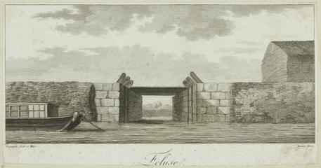 Engraving by Deseve after Deguignes: Ecluse (Bridge/Canal scene).   Plate from a book on China