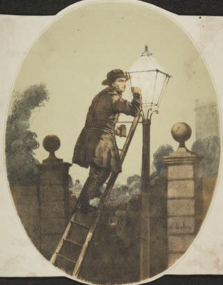 Lithograph, tinted. A lamplighter. By Saby