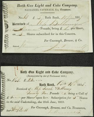 2 receipts for shares purchased in the Bath Gas Light and Coke Company