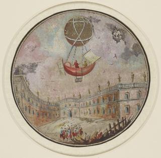 Painting, "the balloon flying over classical buildings"