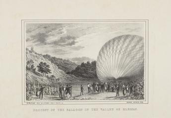 Lithograph, Descent of balloon in valley of Elbern