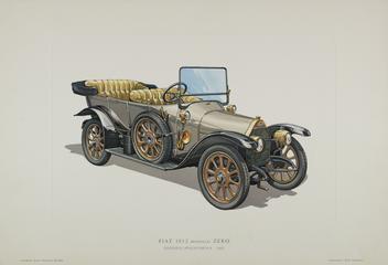 one of five coloured lithographs of Italian vehicles. /1 Fiat 1912 Modello Zero. published by Edizioni Pininfarina 1966