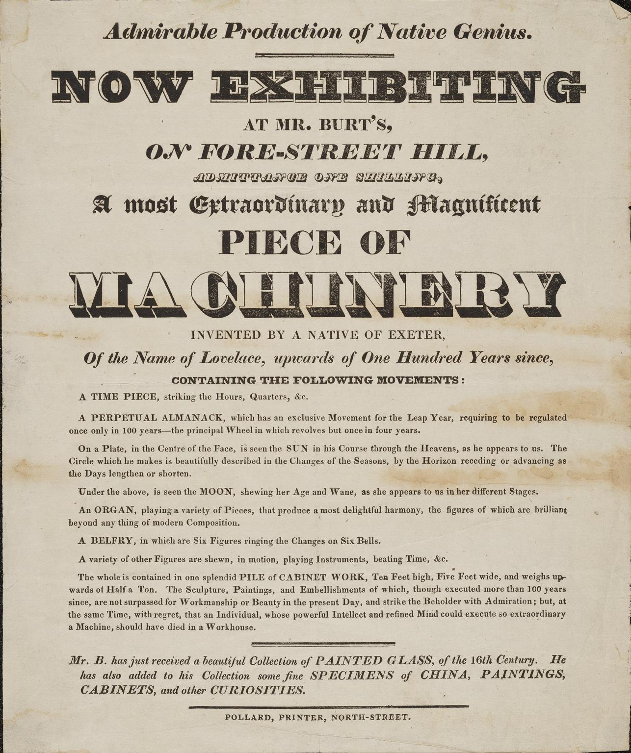 Handbill: "Now Exhibiting [a] piece of machinery…"