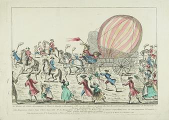 Print, etching, hand coloured. Le Retour du Globe Aerostatique a Paris