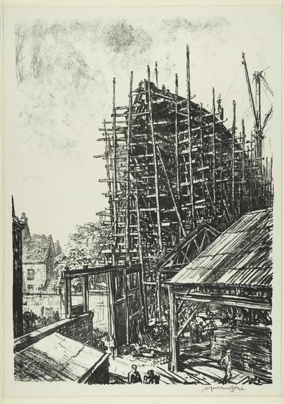 Print, lithograph, Ship covered by Scaffolding by Muirhead Bone