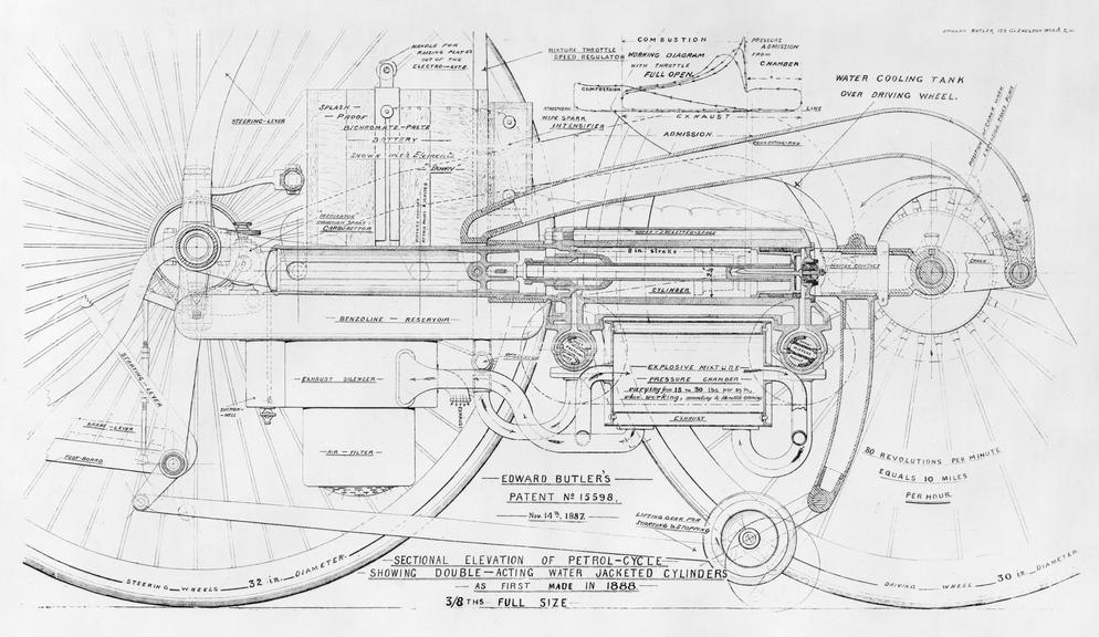 Sectional elevation drawing of Butler motorcycle