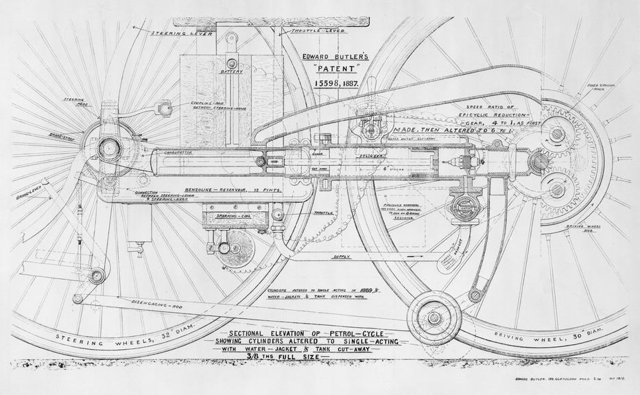 Sectional elevation drawing of Butler motorcycle