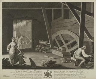 Print, stipple and line engraving. 'scutch mill, breaking the flax'