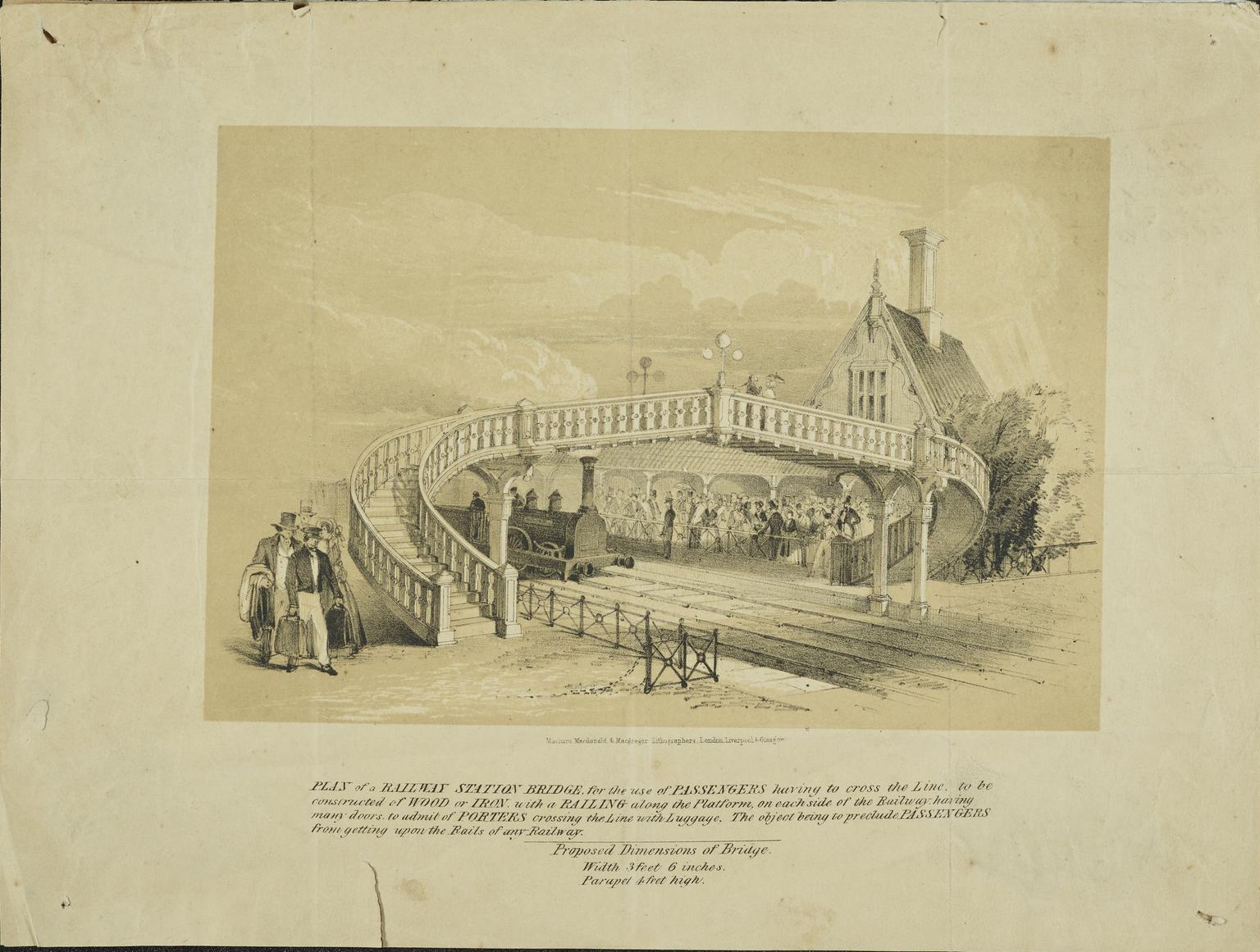 Lithograph of plan of  railway station with footbridge for passengers