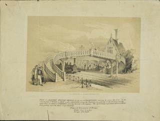 Lithograph of plan of  railway station with footbridge for passengers