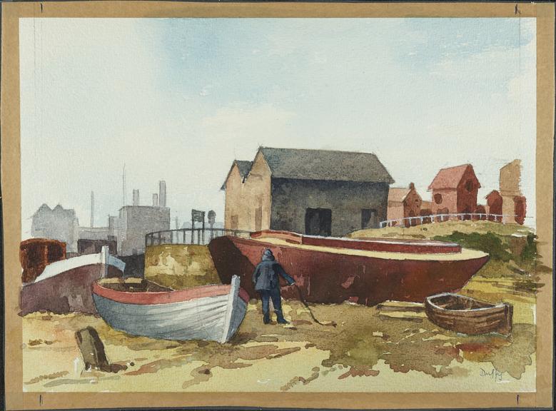 Watercolour: A harbour at low tide. Louis Duffy