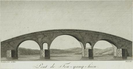 Engraving by Deseve after Deguignes: Pont de Fou-yang-hien (bridge/canal scene).   Plate from a book on China