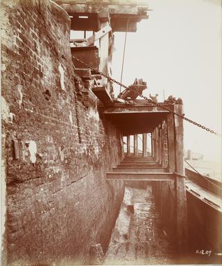 Photograph, gelatine silver. 'New Star wharf, bulging river wall'