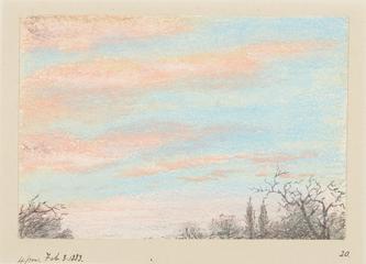 Drawing of dusky purple horizon, with copper coloured cumuli on green sky