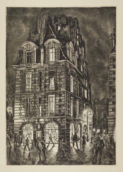 Print, etching of Night scene in European city