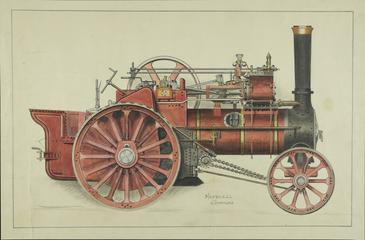 Watercolour drawing of steam traction engine