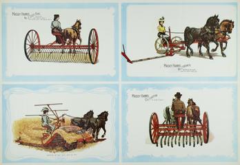 poster. women using machinery: horse driven rake