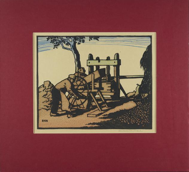 Woodcut, coloured, of a cider press by Eric Hesketh Hubbard