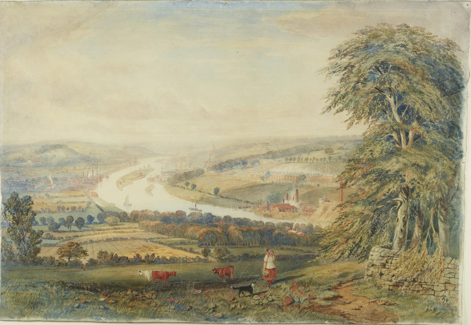 Watercolour painting depicting The Tyne at Scotswood