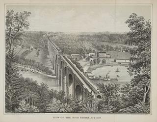 Print, tinted lithograph. ' View of the High Bridge, New York, 1861'