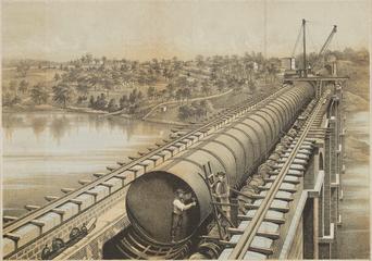 Print, tinted lithograph. 'High Bridge during construction of the Large Main'