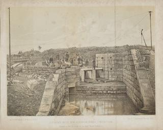 Print, tinted lithograph. 'South Gate House, new reservoir, under construction'