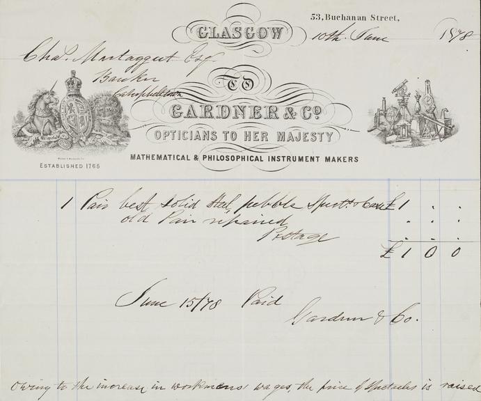 Receipt with letter heading. Gardner & Co.