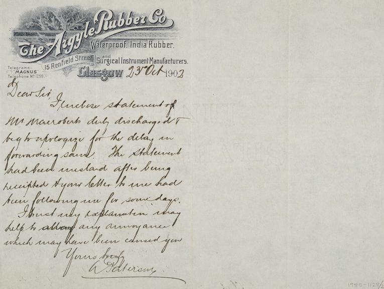 MS letter with heading. The Argyle Rubber Co.