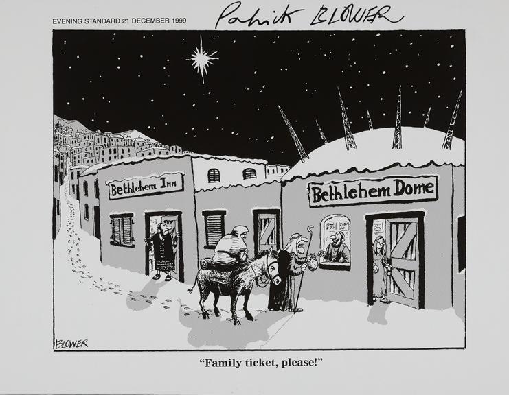 Cartoon, print prepared and signed by Patrick Blower