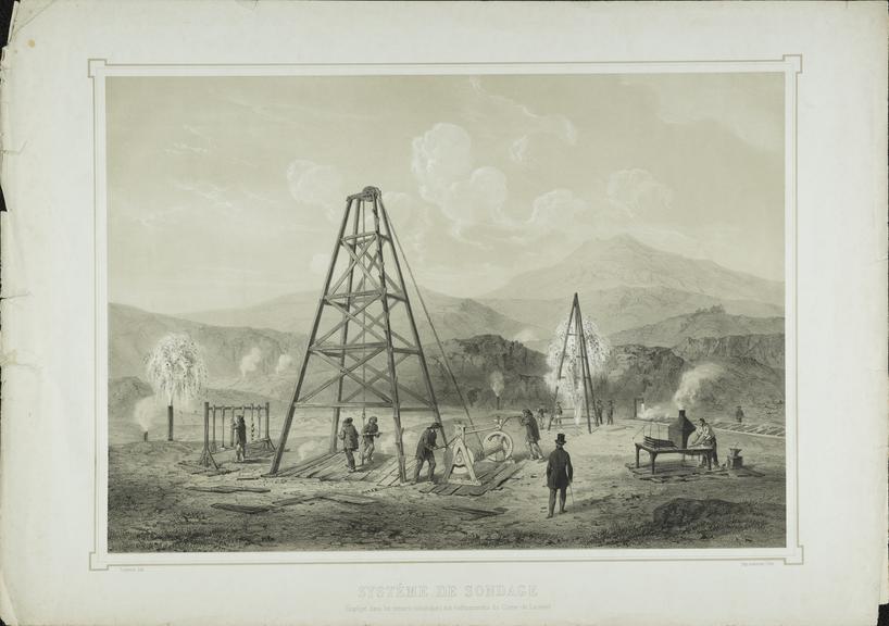 Lithograph showing gantries and gearing apparatus