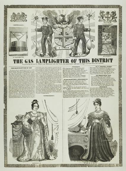 Broadsheet with letterpress: The gas lamplighter of this district... [c1840]. With wood engraved scenes of a gasometer