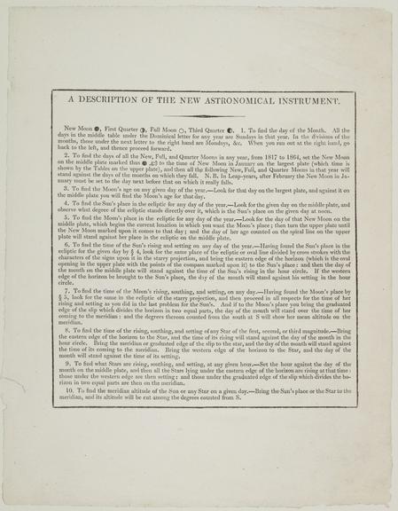 Descriptive leaflet for Astronomical Rotula produced by Thomas Jones 1817