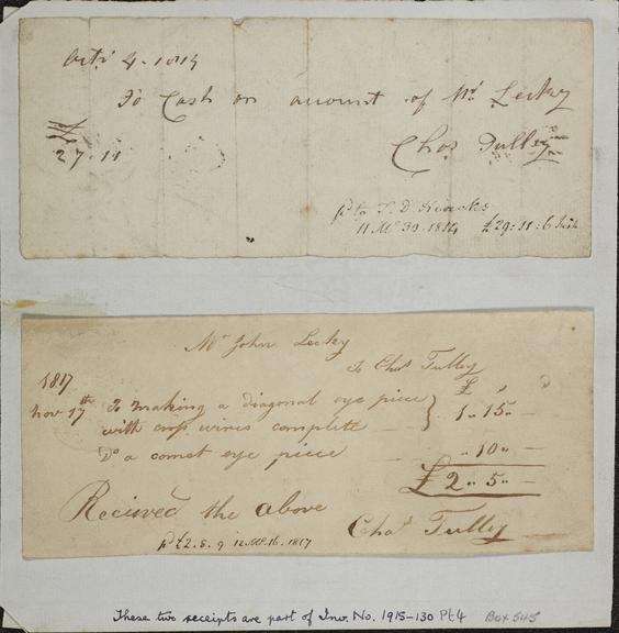 Receipt  for refracting telescope by Charles Tulley