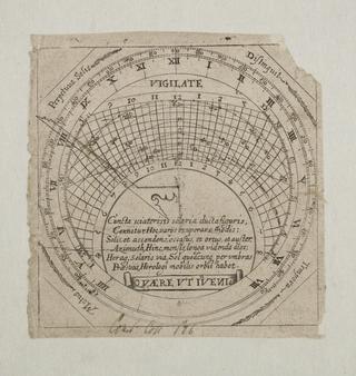 Trade card: Sundial, engraving of the plate of a sundial