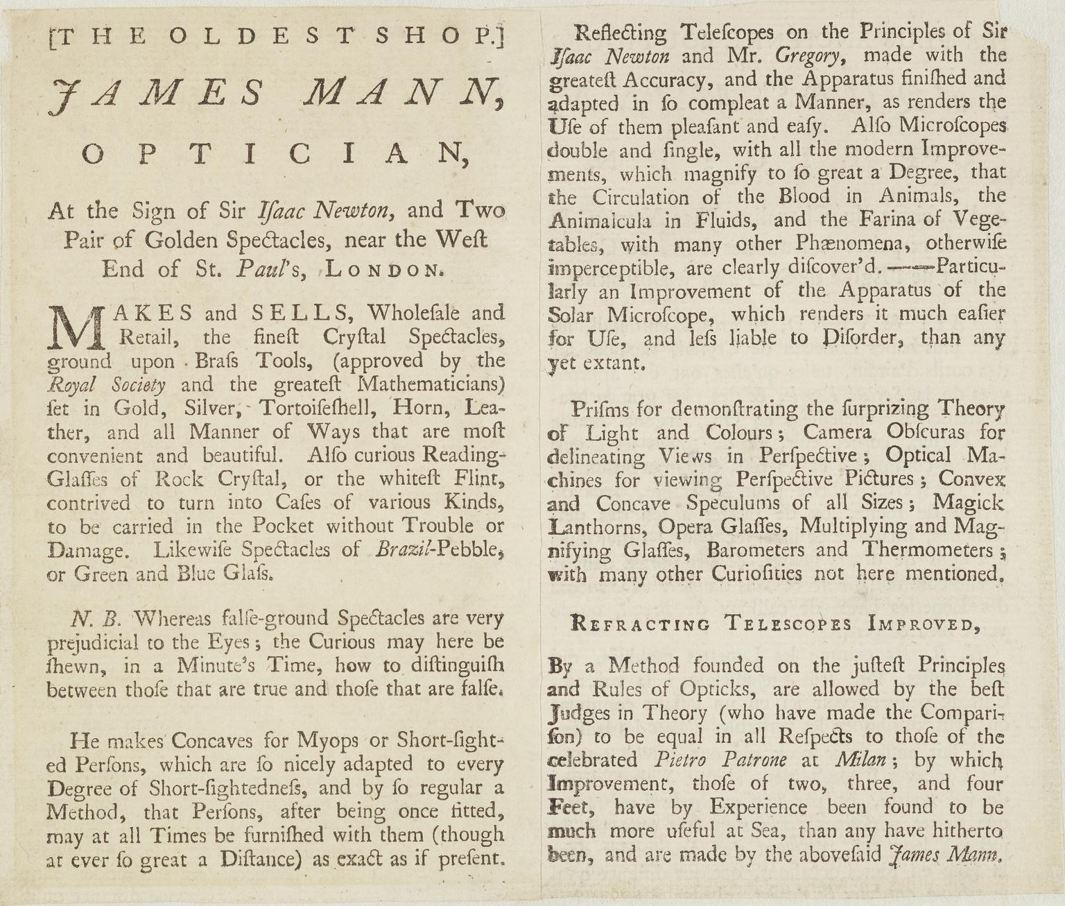 Trade card for James Mann, optician, London, England, 1706-1756