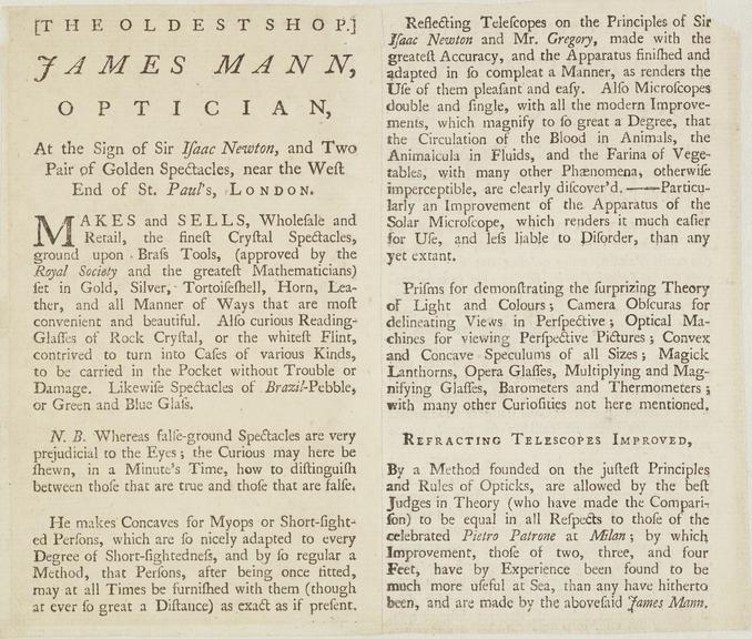 Trade card for James Mann, optician, London, England, 1706-1756